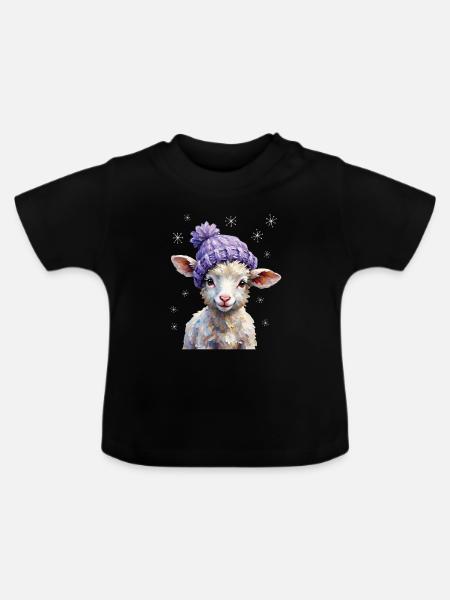 Süßes Lamm mit violetter Strickmütze - Baby Bio-T-Shirt mit Rundhals - Schwarz