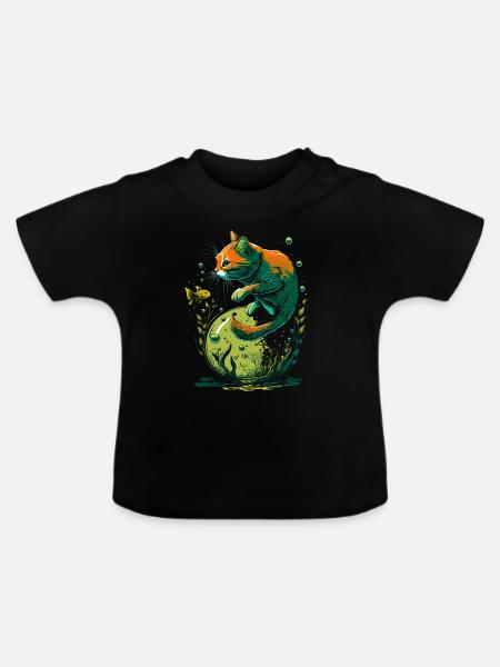 Fantasy Katze spielt mit Goldfischen - Baby Bio-T-Shirt mit Rundhals - Schwarz