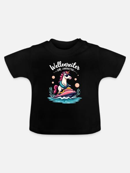 Pinker Einhorn Wellenreiter - Baby Bio-T-Shirt mit Rundhals - Schwarz