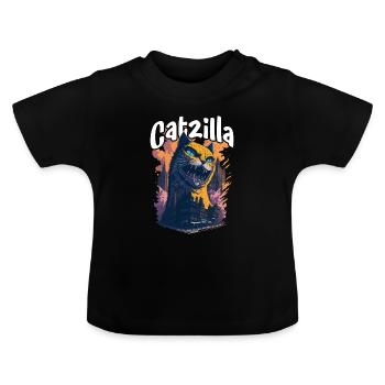 Catzilla Unleashed Funny Cartoon-Style Feline - Baby Bio-T-Shirt mit Rundhals - Schwarz - Vorne