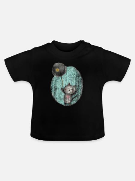 Katze mit Ballon - Baby Bio-T-Shirt mit Rundhals - Schwarz