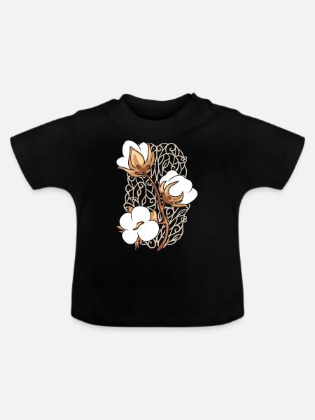 Ornamentelement mit blühendem Baumwollzweig - Baby Bio-T-Shirt mit Rundhals - Schwarz