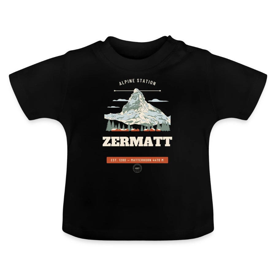 Zermatt badge on a baby organic t-shirt with round neck, black