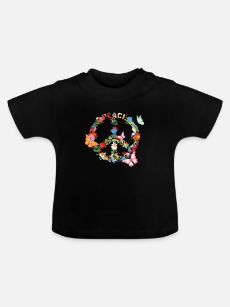 peace, love, hippie, flower power, 70s, frieden - Baby Bio-T-Shirt mit Rundhals - Schwarz