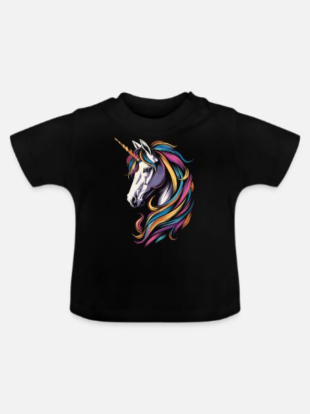 Buntes Einhorn - Baby Bio-T-Shirt mit Rundhals - Schwarz