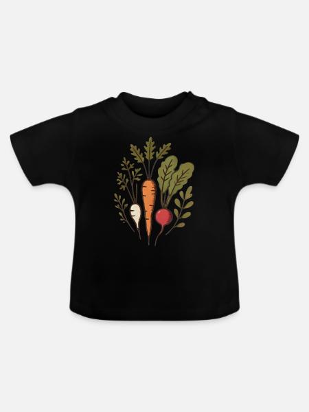 Vegane Wurzeln Karotten-Radieschen-Design - Baby Bio-T-Shirt mit Rundhals - Schwarz