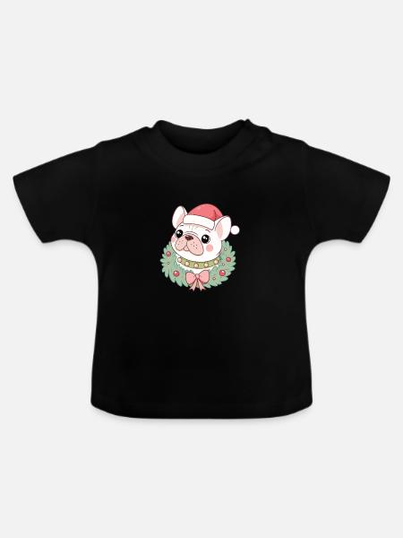 Bulldog-Weihnachtskranz - Baby Bio-T-Shirt mit Rundhals - Schwarz