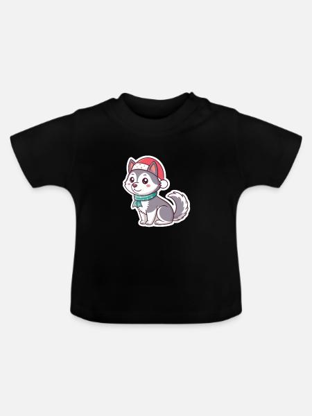 Festlicher Husky mit rotem Hut - Baby Bio-T-Shirt mit Rundhals - Schwarz