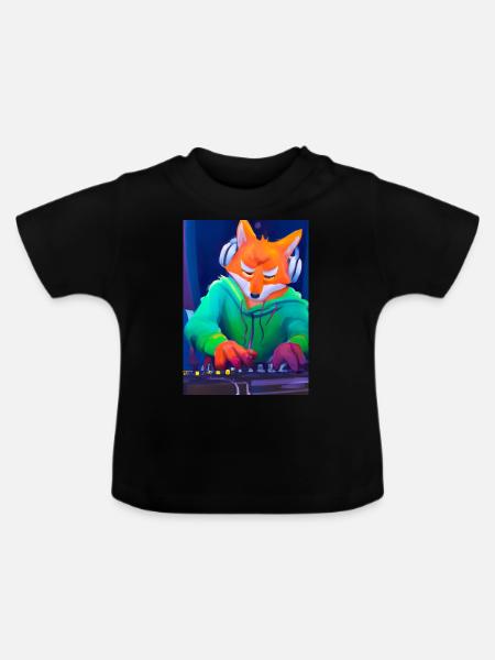 Fox am DJ-Pult - Baby Bio-T-Shirt mit Rundhals - Schwarz