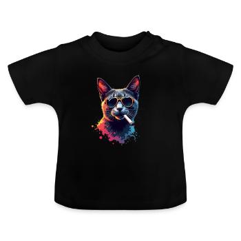 Cat with Sunglasses Animal Motif Smoking Cats - Baby Organic T-Shirt with Round Neck - black - Front