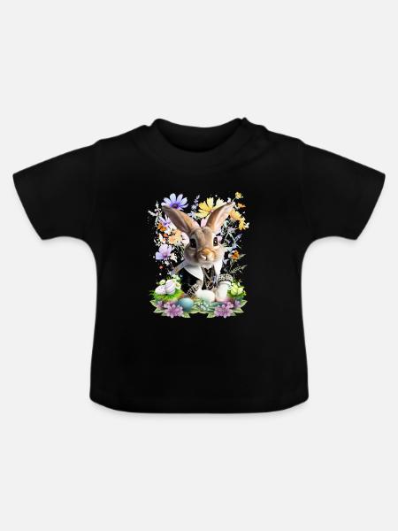 Eleganter Osterhase im Blumenfeld - Baby Bio-T-Shirt mit Rundhals - Schwarz