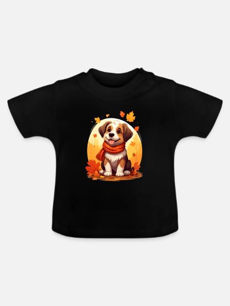 Hund im Herbst - Baby Bio-T-Shirt mit Rundhals - Schwarz
