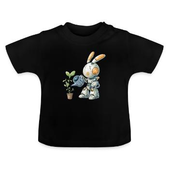 Roboter Hase gießt Pflanze - Baby Bio-T-Shirt mit Rundhals - Schwarz - Vorne
