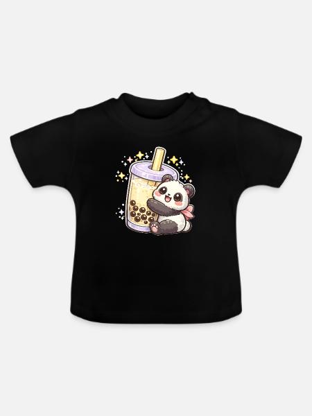 Panda Bubble Tea Kuschelmotiv - Baby Bio-T-Shirt mit Rundhals - Schwarz