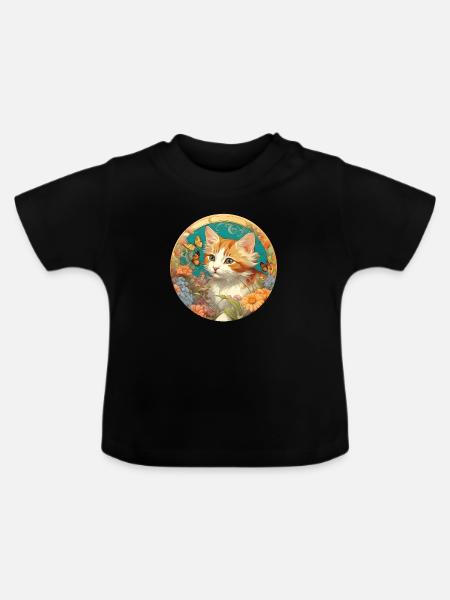 Süßes Kätzchen im naiven Stil - Baby Bio-T-Shirt mit Rundhals - Schwarz