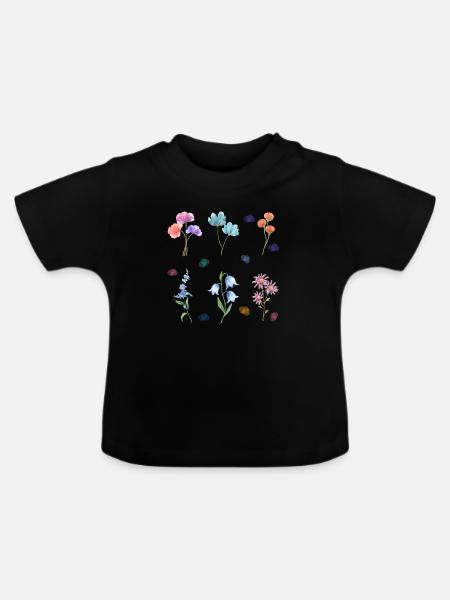 Aquarell-Blumen - Baby Bio-T-Shirt mit Rundhals - Schwarz