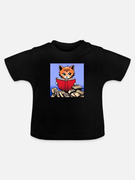 Niedliches Kätzchen, das liest - Baby Bio-T-Shirt mit Rundhals - Schwarz