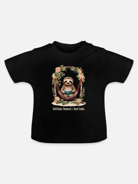 Süßes Faultier mit Buch - Baby Bio-T-Shirt mit Rundhals - Schwarz