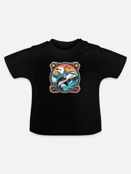 Hai & Sonnenuntergang - Baby Bio-T-Shirt mit Rundhals - Schwarz