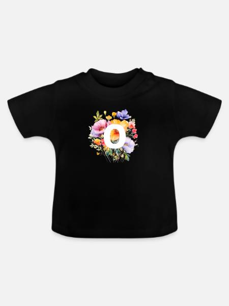 O Monogramm , bunter Blumenstrauss - Baby Bio-T-Shirt mit Rundhals - Schwarz