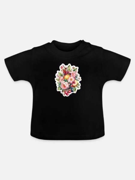 Blumen und Obst - Baby Bio-T-Shirt mit Rundhals - Schwarz