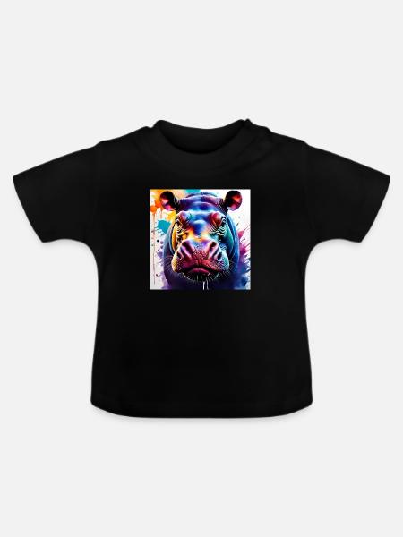 Hippo farbig - Baby Bio-T-Shirt mit Rundhals - Schwarz