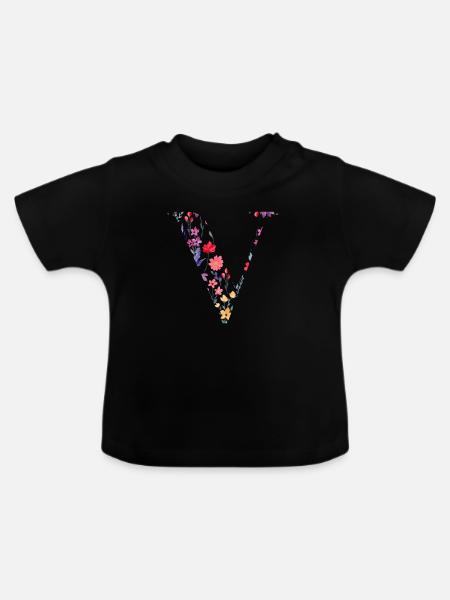 Personalisierter Blumenbuchstabe V - Geschenkidee - Baby Bio-T-Shirt mit Rundhals - Schwarz