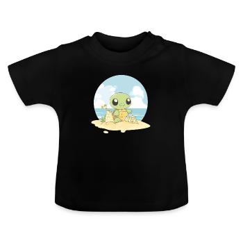 Turtle on the beach - turtle with shovel - Baby Organic T-Shirt with Round Neck - black - Front