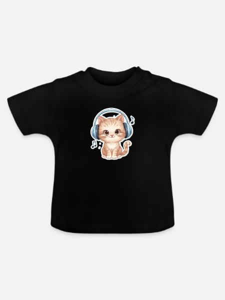 Süße Katze mit Doodle-Kopfhörern - Baby Bio-T-Shirt mit Rundhals - Schwarz