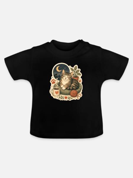 Gemütliche Katze Kaffee Garn - Baby Bio-T-Shirt mit Rundhals - Schwarz