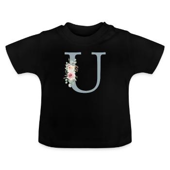 U| Monogramme | Eucalyptus Pastel Fleur Bleu - T-shirt bio col rond Bébé - noir - Devant