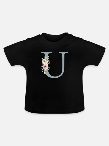 U| Monogramm | Eukalyptus-Pastell-Blumen-Blau - Baby Bio-T-Shirt mit Rundhals - Schwarz