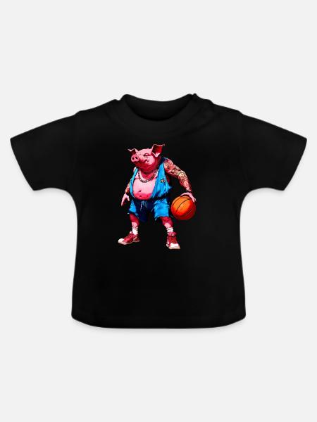 Schwein Basketball - Baby Bio-T-Shirt mit Rundhals - Schwarz