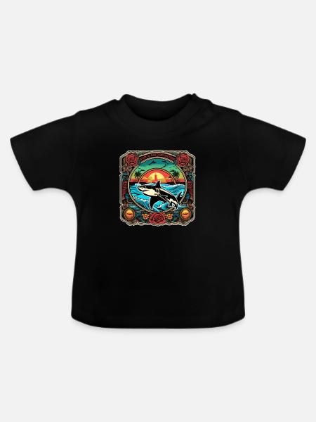 Hai & Sonnenuntergang - Baby Bio-T-Shirt mit Rundhals - Schwarz