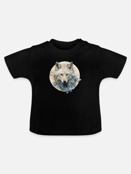 Weißer Wolf mit Art-déco-Blumen - Baby Bio-T-Shirt mit Rundhals - Schwarz