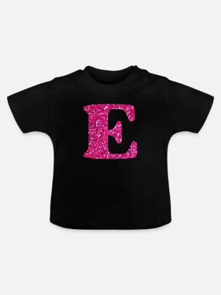 Buchstabe e rosa Glitzer - Baby Bio-T-Shirt mit Rundhals - Schwarz