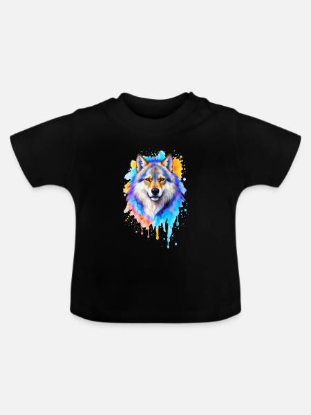 Wolf Aquarell - Baby Bio-T-Shirt mit Rundhals - Schwarz