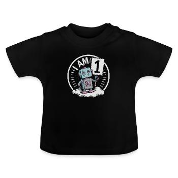Ich bin 1 Jahr erster Geburtstag mit Roboter - Baby Bio-T-Shirt mit Rundhals - Schwarz - Vorne