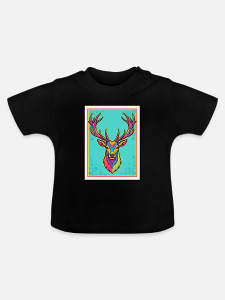 Hirsch Neon Pop-Art Kopf - Baby Bio-T-Shirt mit Rundhals - Schwarz