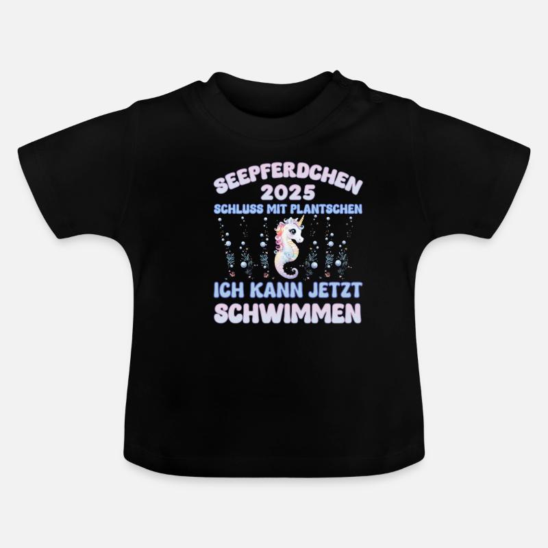 Seepferdchen bestanden 2025 Kinder Geschenkidee - Baby Bio-T-Shirt mit Rundhals - Schwarz
