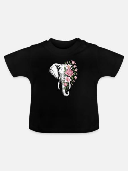 Blumiger Elefant - Baby Bio-T-Shirt mit Rundhals - Schwarz