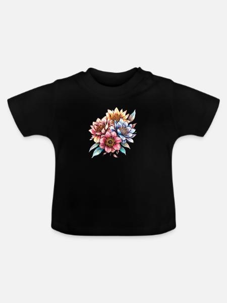Wasserfarbene Blütenbouquet - Baby Bio-T-Shirt mit Rundhals - Schwarz