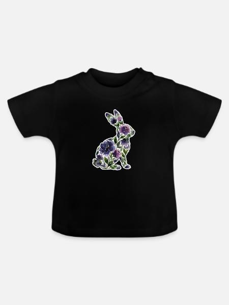 Hase Silhouette Blumen - Baby Bio-T-Shirt mit Rundhals - Schwarz