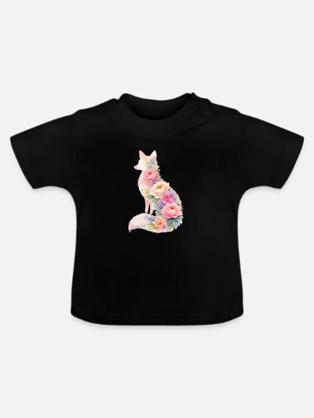Fuchs Pastell Blumen Silhouette - Baby Bio-T-Shirt mit Rundhals - Schwarz