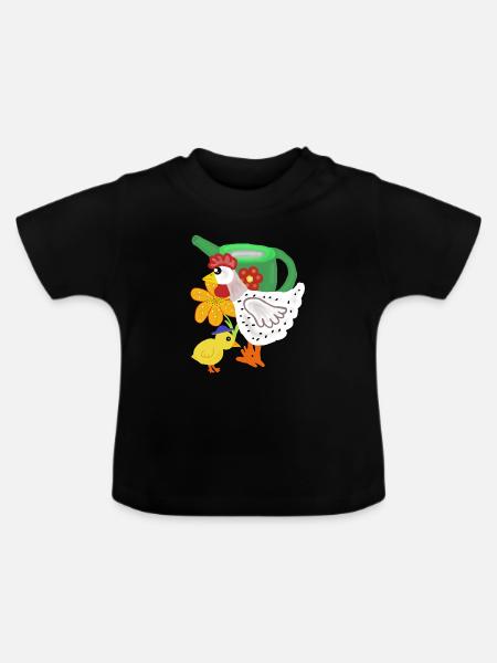 Huhn und Küken im Blumengarten - Baby Bio-T-Shirt mit Rundhals - Schwarz