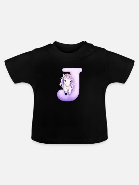 Buchstabe D Lila Einhorn - Baby Bio-T-Shirt mit Rundhals - Schwarz