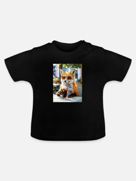 Fuchs mit Sonnenbrille am Café - Baby Bio-T-Shirt mit Rundhals - Schwarz