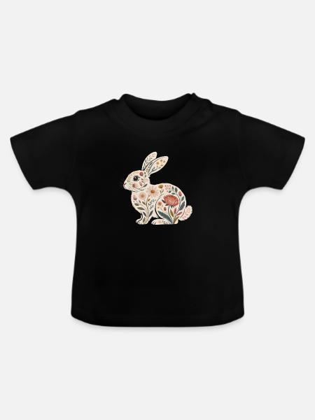 Florales Kaninchen mit Pflanzenmuster - Baby Bio-T-Shirt mit Rundhals - Schwarz
