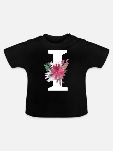 Blumenbuchstabe i - Baby Bio-T-Shirt mit Rundhals - Schwarz