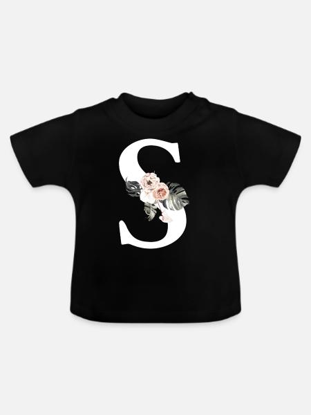 Tropischer Blumenbuchstabe S - Baby Bio-T-Shirt mit Rundhals - Schwarz